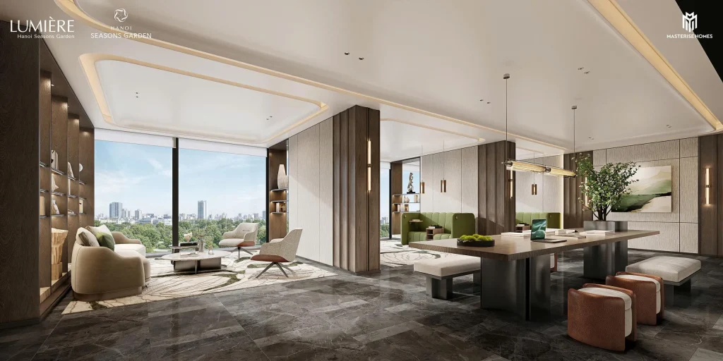 Nội thất phòng khách Penthouse Lumière Hà Nội Seasons Garden rộng hơn 250m² với tầm nhìn panorama toàn thành phố Hà Nội qua hệ kính Low-E kịch trần sang trọng.