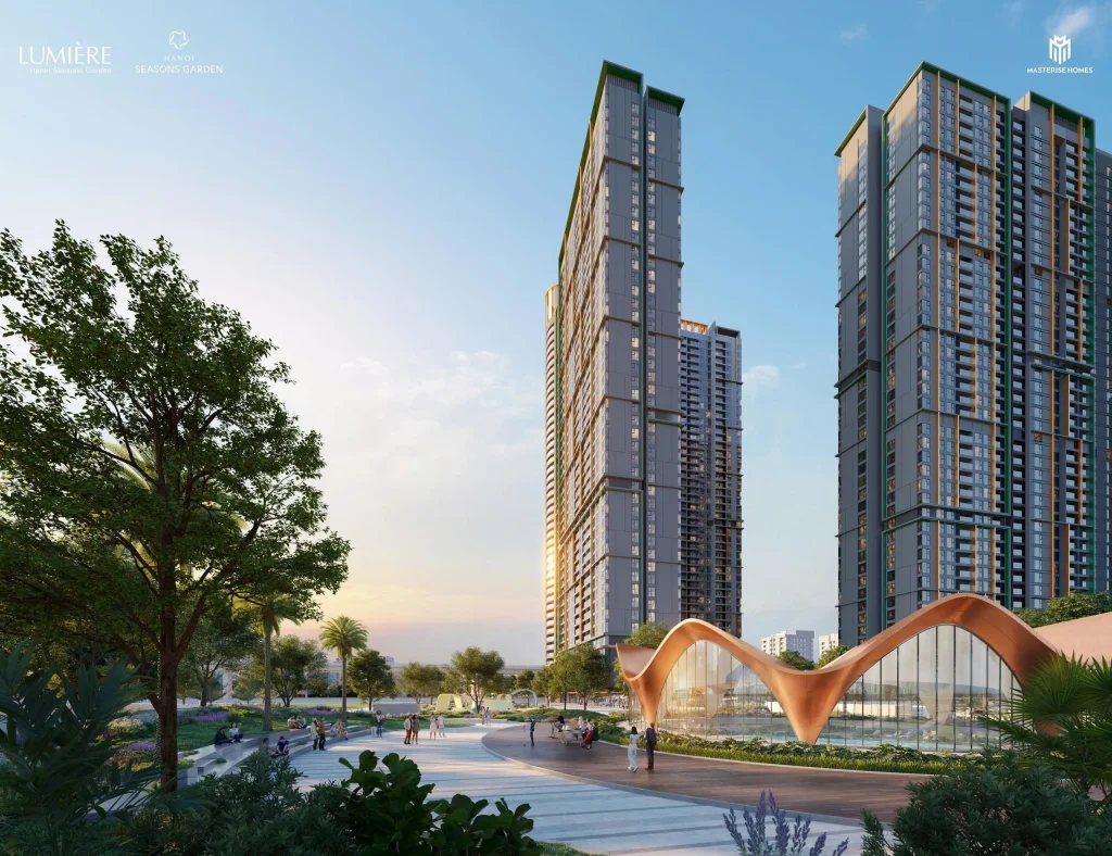 Khu vườn cảnh quan nội khu Hà Nội Seasons Garden với tác phẩm điêu khắc hoa sen độc đáo, suối nước uốn lượn và cây xanh nhiệt đới tạo không gian resort giữa lòng phố.