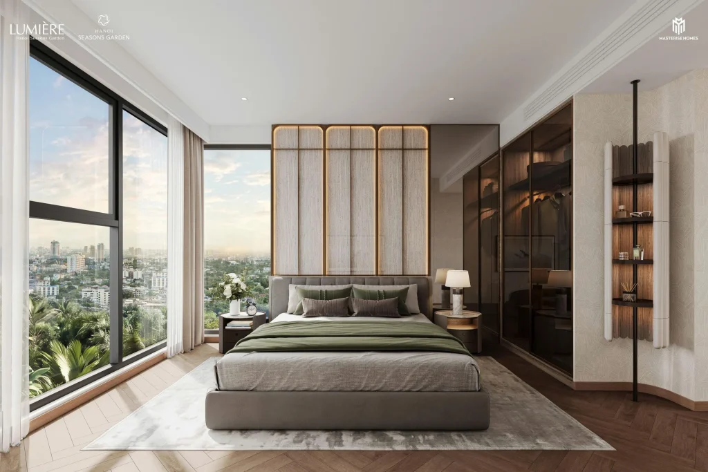 Phòng ngủ master cao cấp tại Hà Nội Seasons Garden với bàn trang điểm, tủ quần áo âm tường, cửa sổ kính kịch trần tràn đầy ánh sáng tự nhiên và nội thất thương hiệu quốc tế.