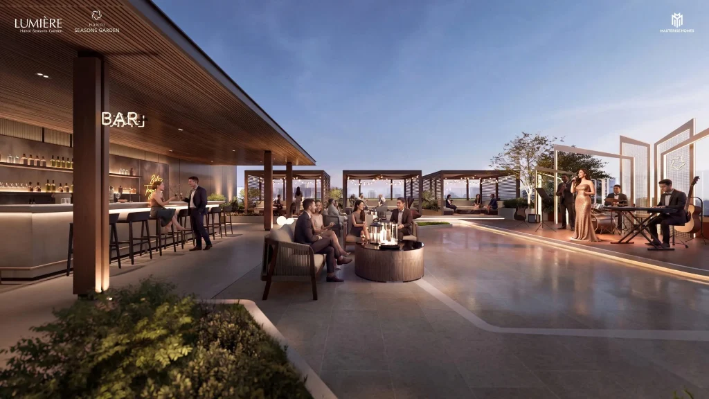 Sky Bar Rooftop đẳng cấp tại Lumière Hà Nội Seasons Garden - không gian giải trí sang trọng với tầm nhìn toàn cảnh thành phố, âm nhạc sống và dịch vụ 5 sao.