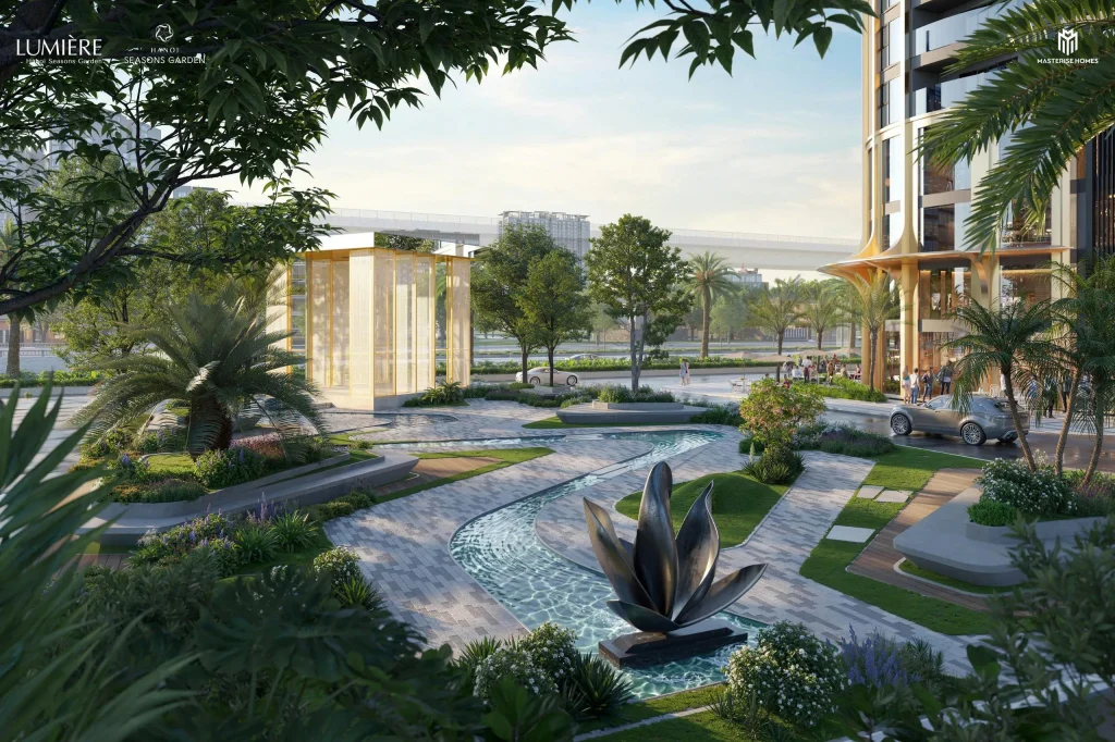 Phối cảnh khu công viên nội khu Hà Nội Seasons Garden với cầu bộ hành kiến trúc độc đáo, cây xanh bốn mùa và không gian dạo bộ thư giãn cao cấp.