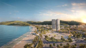 Phối cảnh 2 tòa tháp Q Terra Quy Nhơn nhìn từ bãi biển lúc hoàng hôn