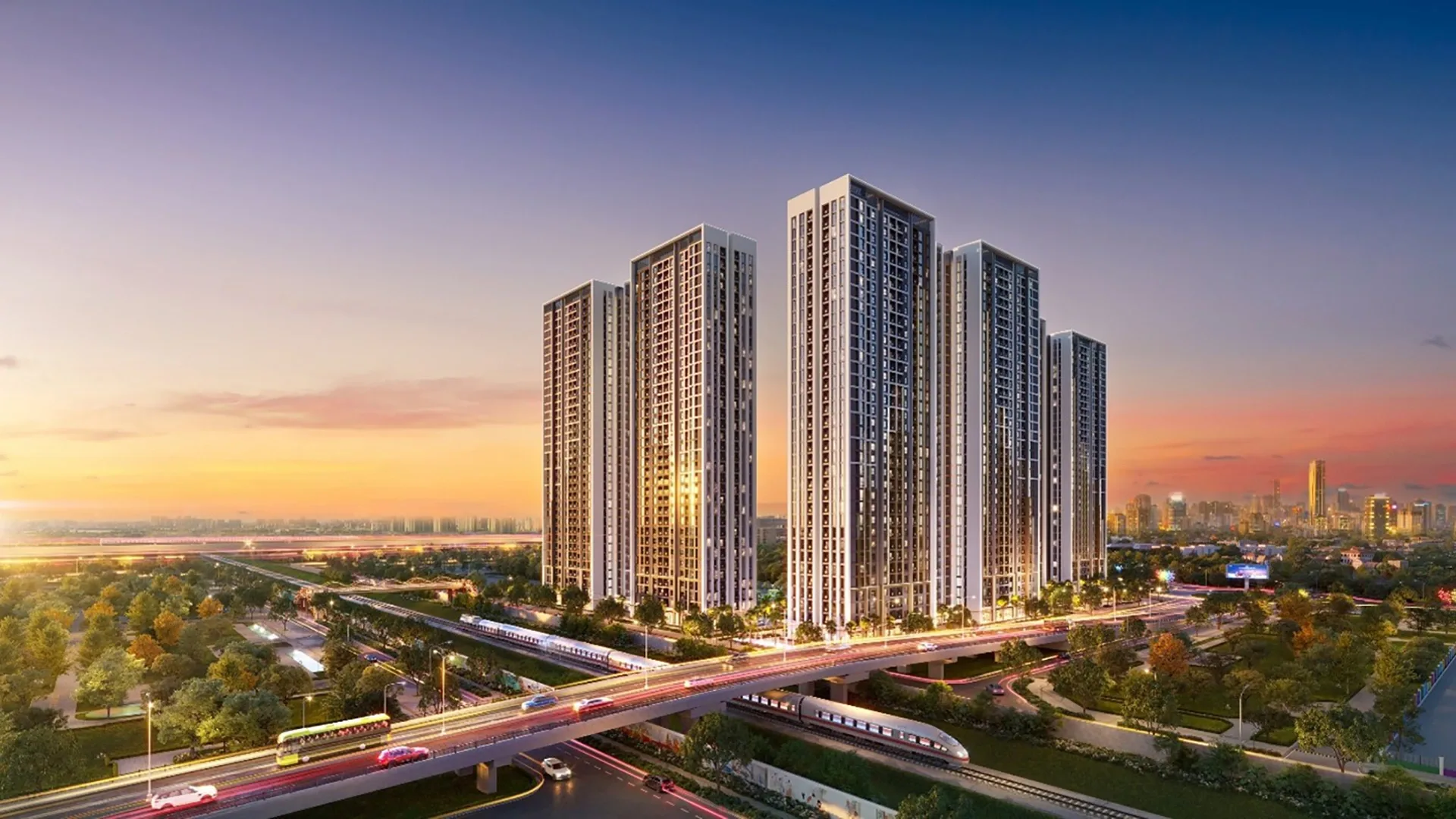 Phối cảnh cụm căn hộ Imperia Sensa Park lúc hoàng hôn nhìn từ trục đường Võ Chí Công