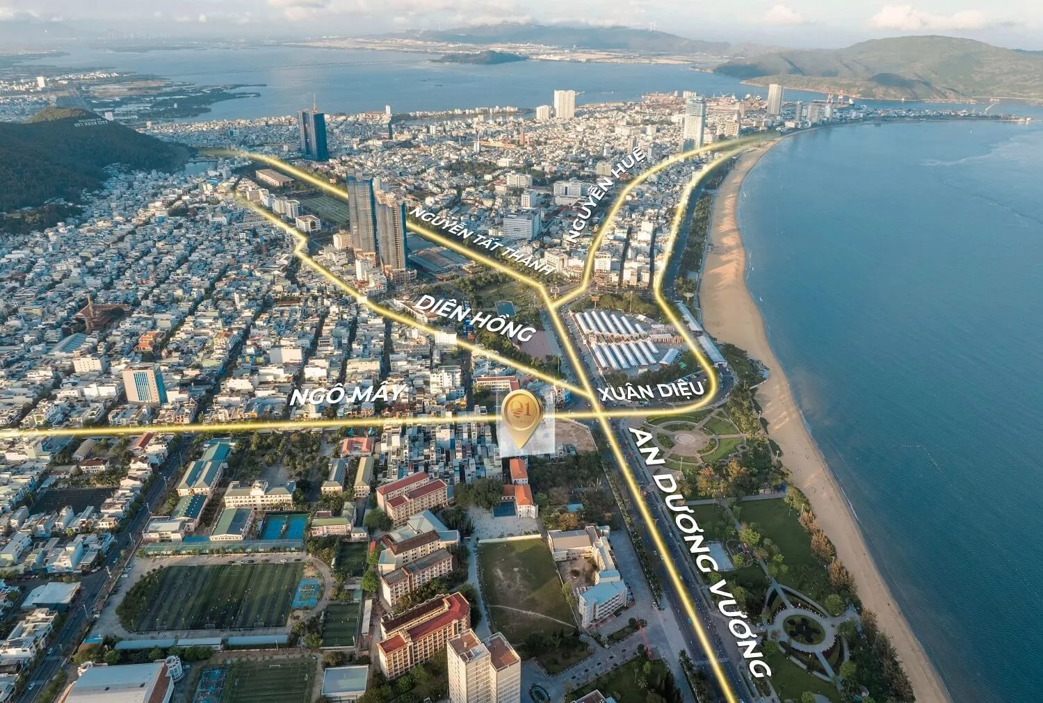 Sơ đồ vị trí Q Terra tại ngã 5 giao các trục đường trung tâm Quy Nhơn