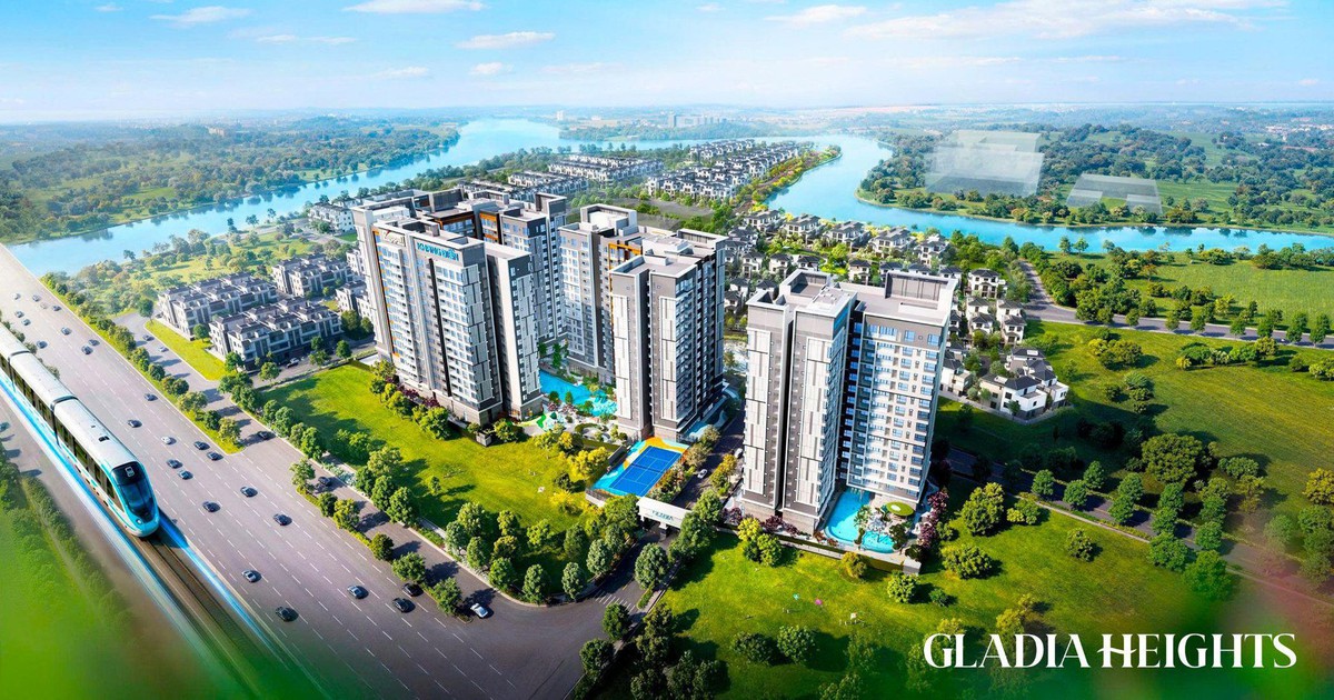 Toàn cảnh dự án Gladia Heights nhìn từ trên cao, cạnh sông và tuyến tramway hướng về Thủ Thiêm