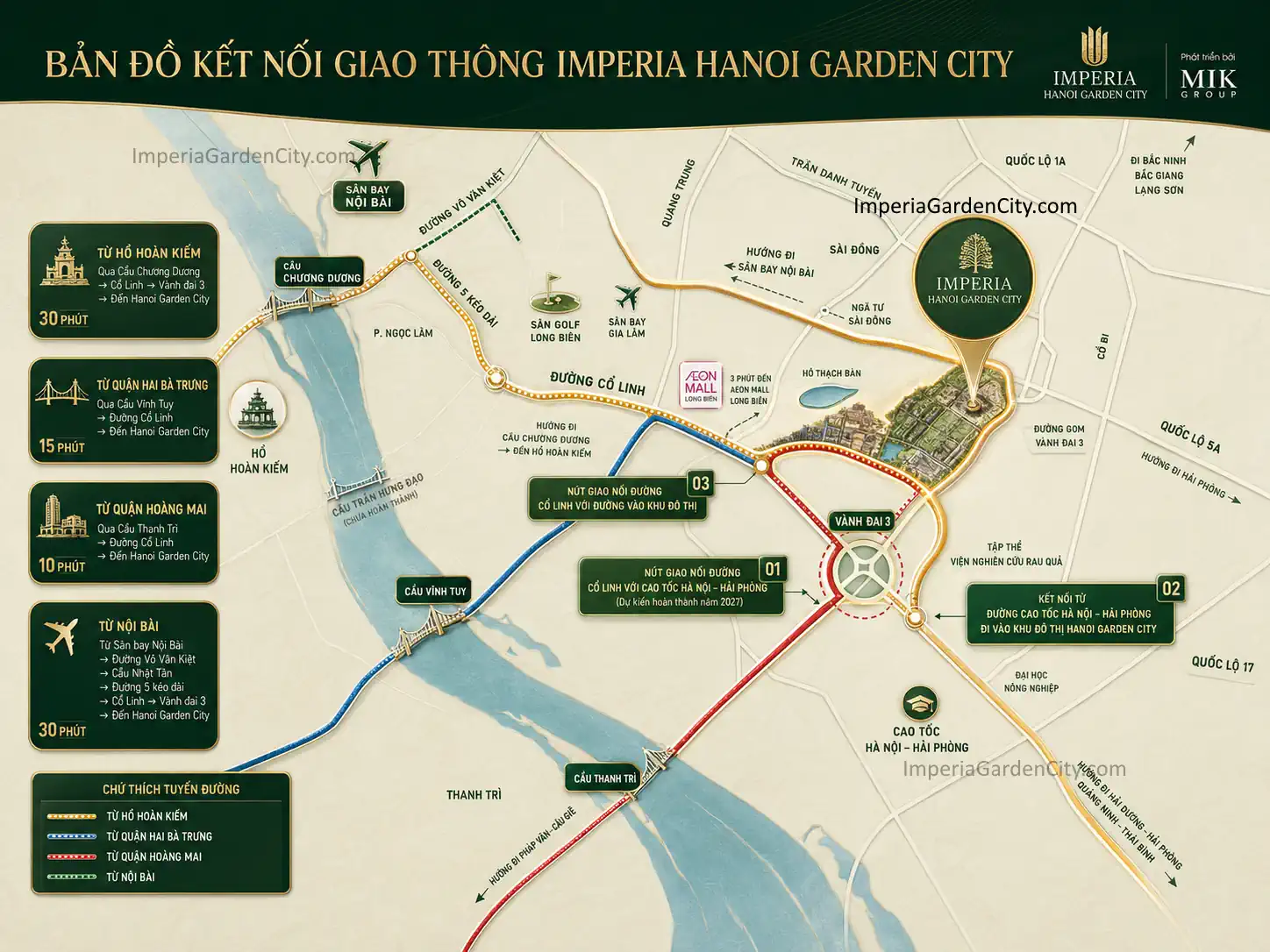 Bản đồ thể hiện vị trí Imperia Hanoi Garden City và các tuyến kết nối giao thông tại Long Biên