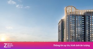 Phối cảnh tòa tháp căn hộ Hanoi Seasons Garden nhìn từ góc thấp lúc hoàng hôn