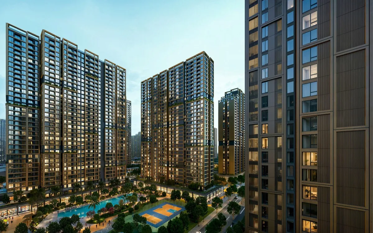 Phối cảnh tổ hợp căn hộ cao tầng Imperia Ocean City về đêm với khu thể thao và cảnh quan nội khu
