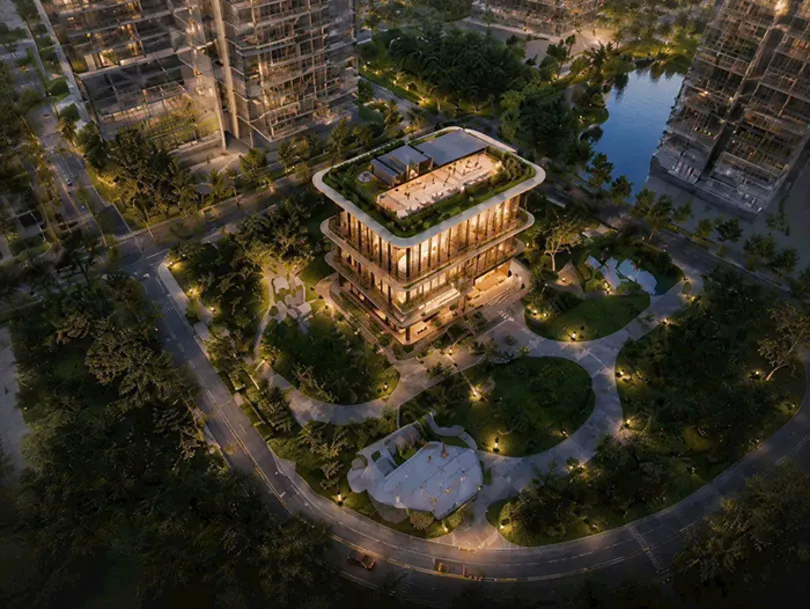 Phối cảnh trên cao khu tiện ích trung tâm dự án Hanoi Seasons Garden về đêm