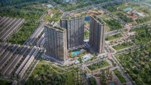 Phối cảnh trên cao tổ hợp căn hộ Imperia Ocean City với các tòa nhà cao tầng và cây xanh bao quanh