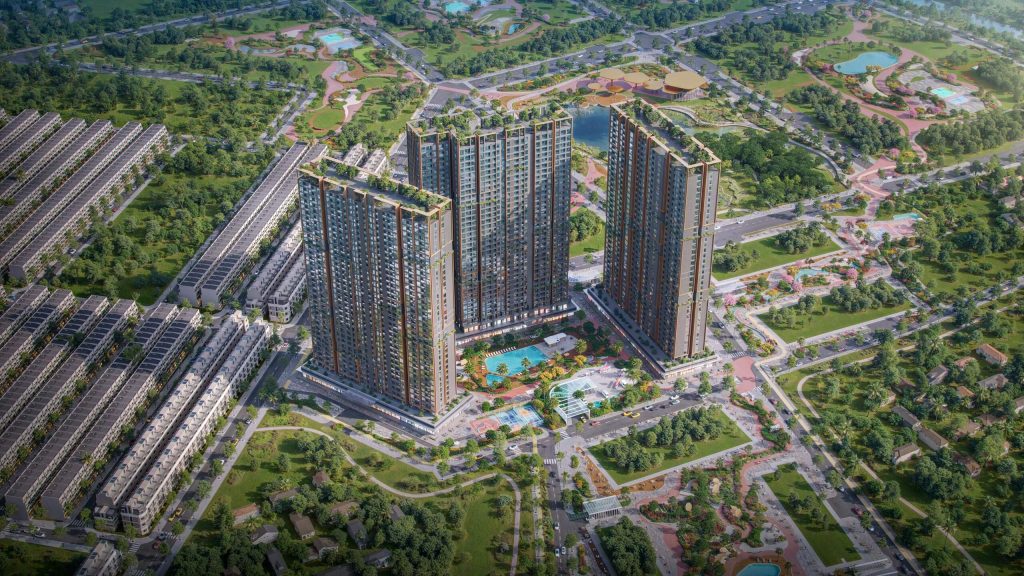 Phối cảnh trên cao tổ hợp căn hộ Imperia Ocean City với các tòa nhà cao tầng và cây xanh bao quanh